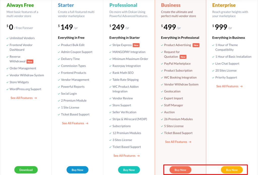 Dokan pricing page